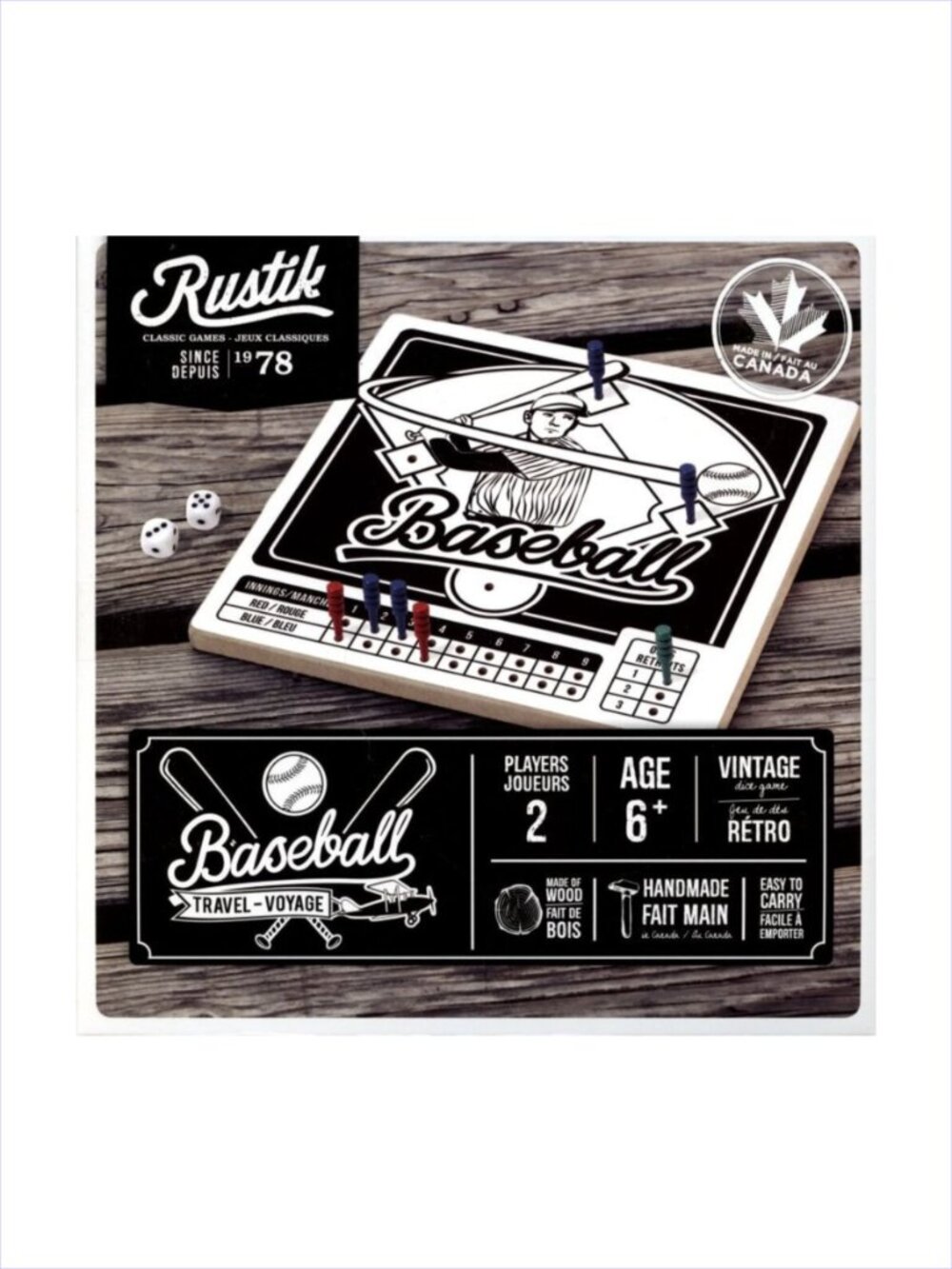 Made in Canada Rustik Classic Travel  Board Game - Baseball Bilingual For Age 6+